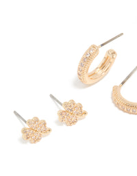Gold Cubic Zirconia Clover & Hoop Earrings 3-Pack - link has visual effect only