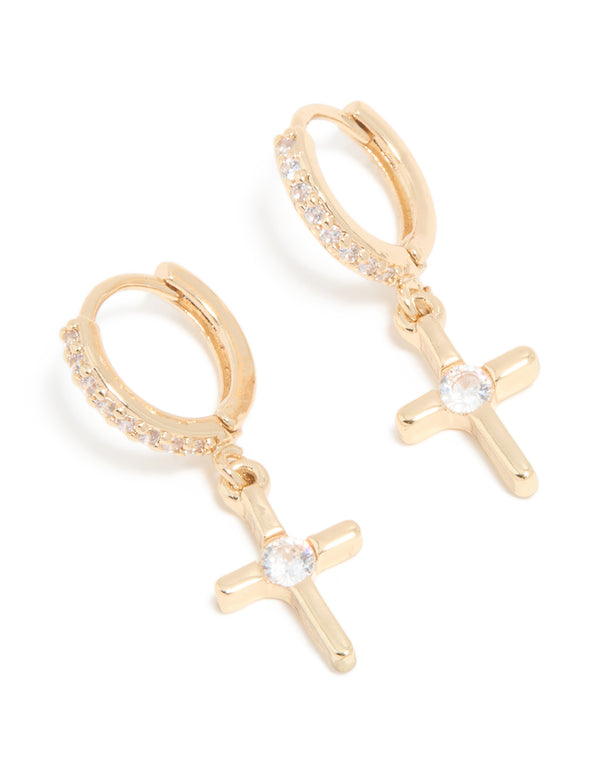 Gold Cubic Zirconia Cross Drop Huggie Earrings
