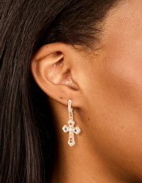 Gold Semi-Precious Stone & Pearl Baroque Cross Huggie Earrings - link has visual effect only