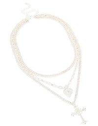 Silver Chain Heart & Gothic Cross Layered Necklace - link has visual effect only
