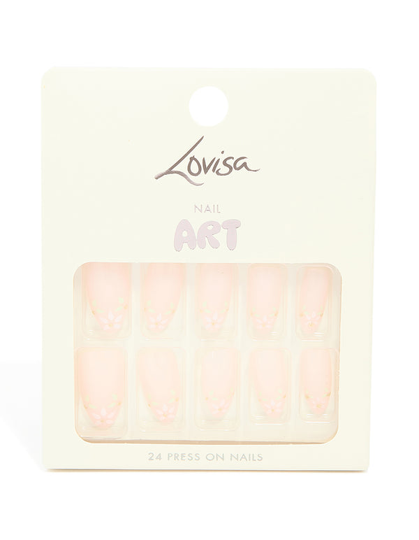 Pink French Tip Floral Art Press On Nails 24-Set