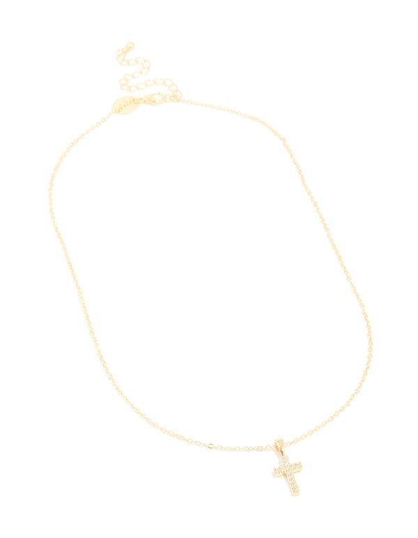 Gold Plated Cubic Zirconia Cross Pendant Necklace
