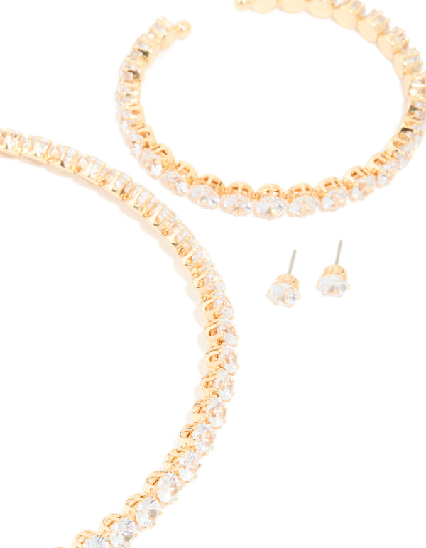 Gold Cubic Zirconia Tennis Necklace, Tennis Bracelet & Earrings Set