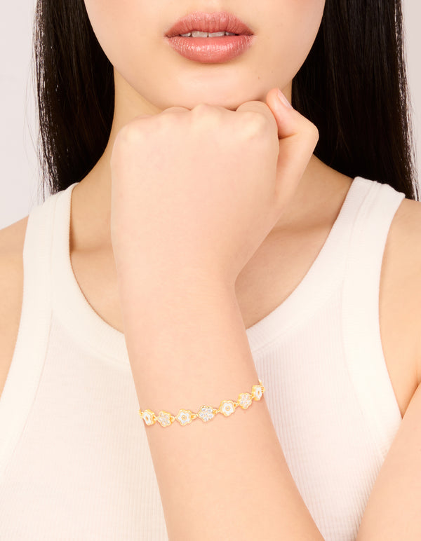 Gold Cubic Zirconia Floral Toggle Bracelet
