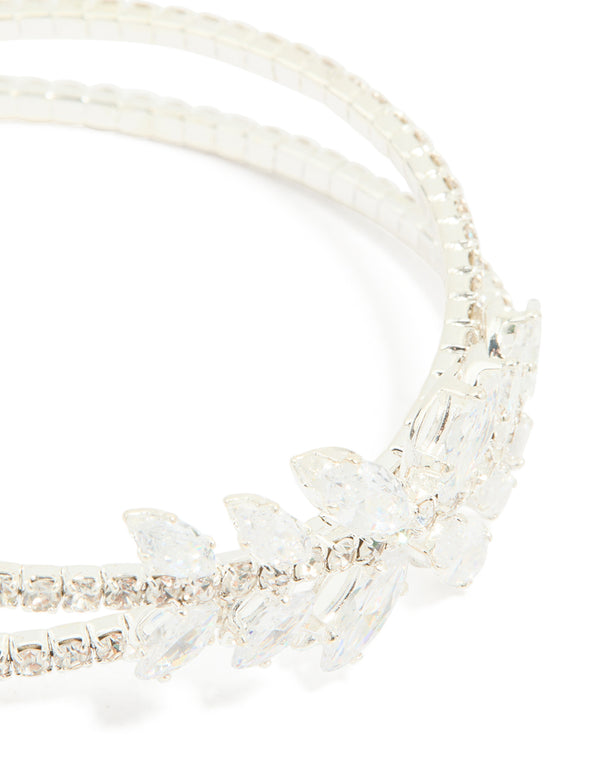 Silver Cubic Zirconia Leaf Floral Wrist Cuff