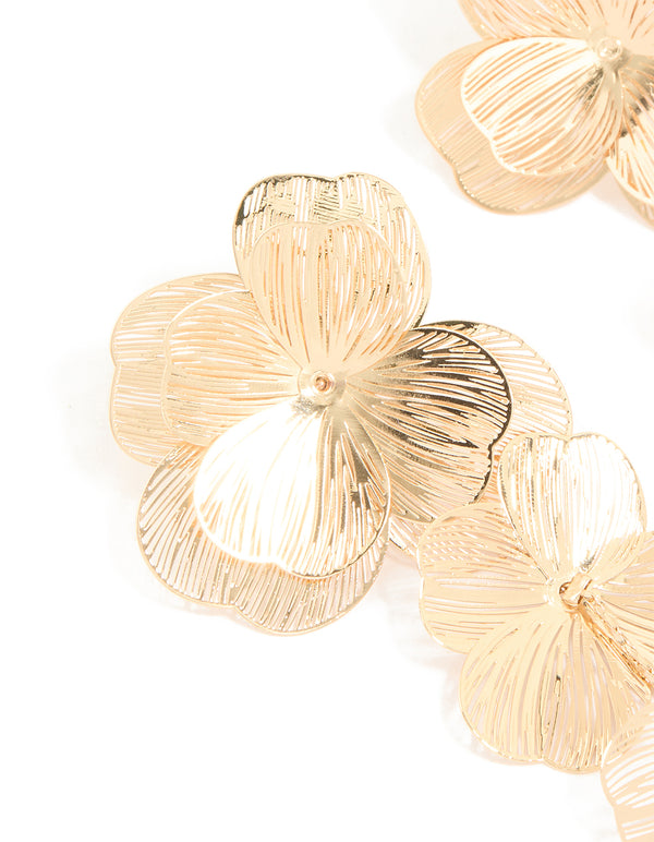 Gold Long Floral Drop Earrings