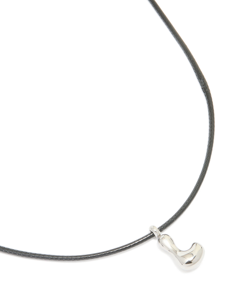 Showcasing a waterproof large bubble letter L necklace with initial pendant crafted from stainless steel on a grey cord close up view
