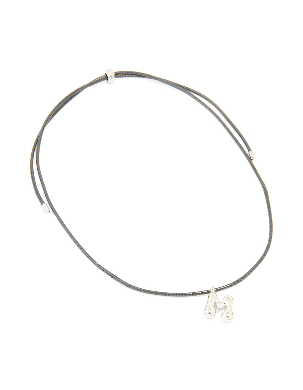 Shop this waterproof stainless steel large bubble letter M initial pendant in silver with grey cord dainty style necklace front view