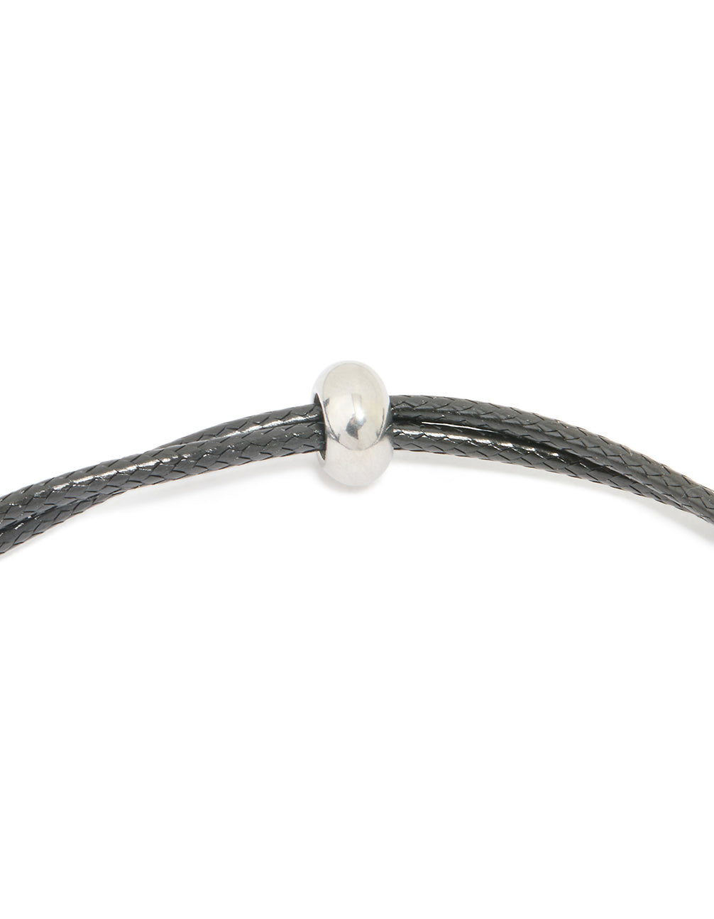 Designed with waterproof stainless steel, this large bubble letter M initial silver pendant features grey cord dainty style necklace clasp detail view