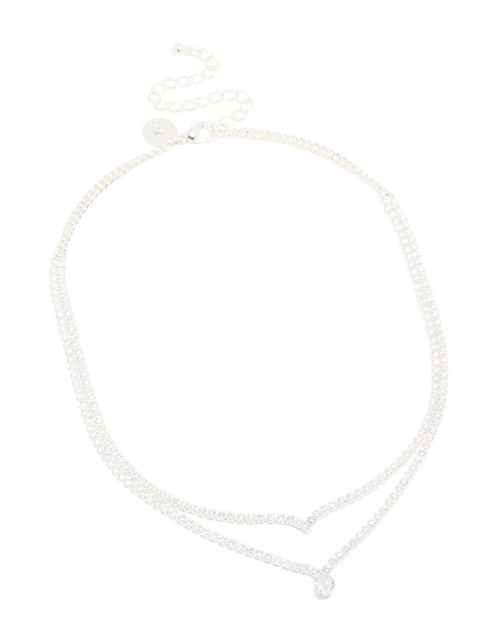 Silver Plated Cubic Zirconia Cup Chain & Drop Pendant ayered Necklace