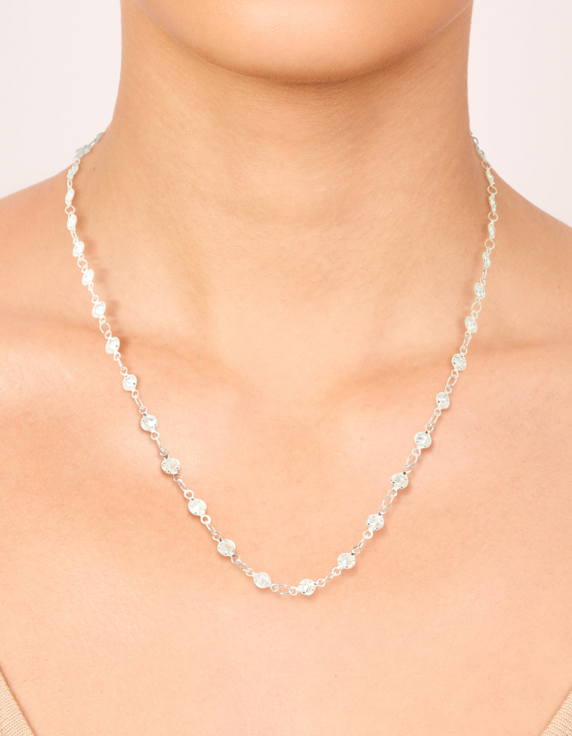 Silver Plated Cubic Zirconia Round Dainty Chain Necklace