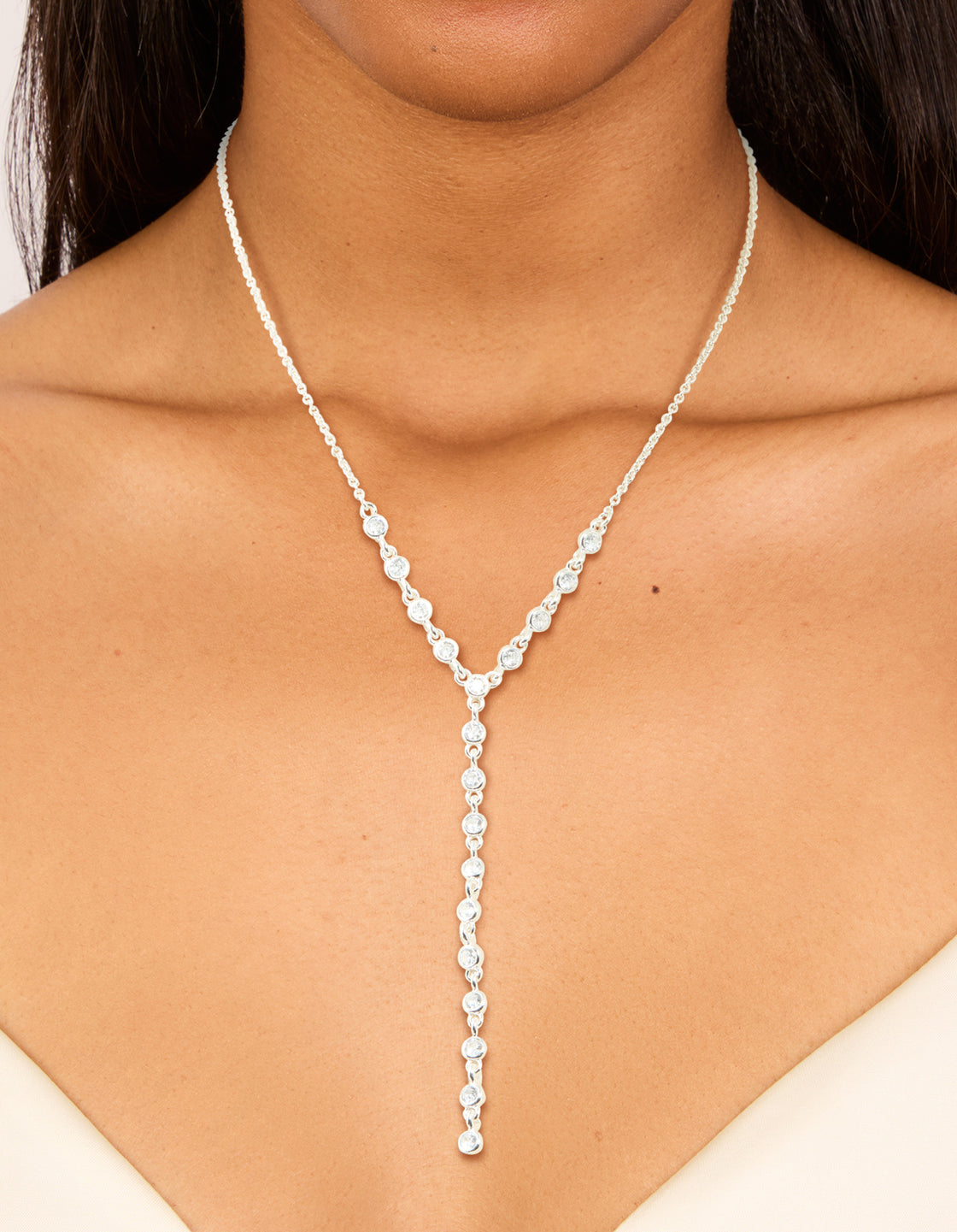 Silver Plated Cubic Zirconia Bezel Set Y-Necklace