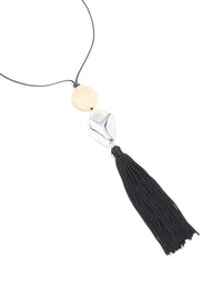 Silver Molten Cream Bead & Black Tassel Cord Necklace - link has visual effect only
