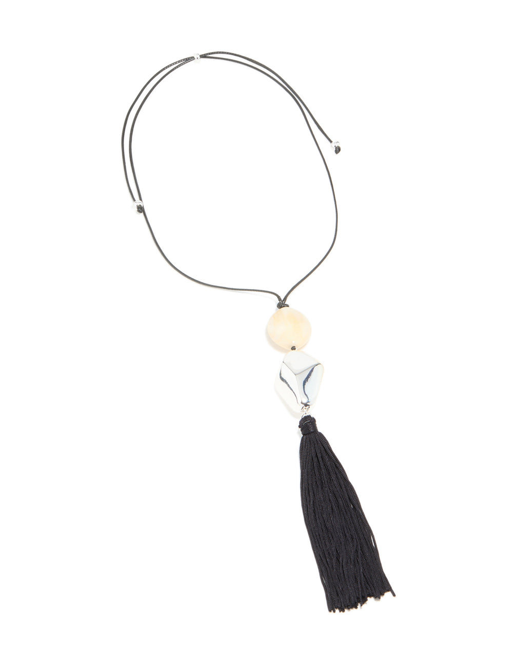 Silver Molten Cream Bead & Black Tassel Cord Necklace