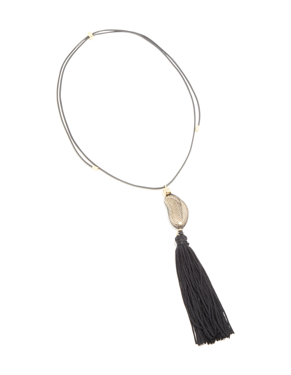 Gold Pebble Black Tassel Cord Necklace