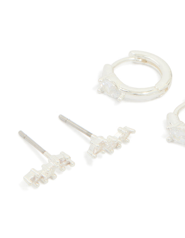 Silver Plated Cubic Zirconia Fine Huggie & Stud Earrings 4-Pack