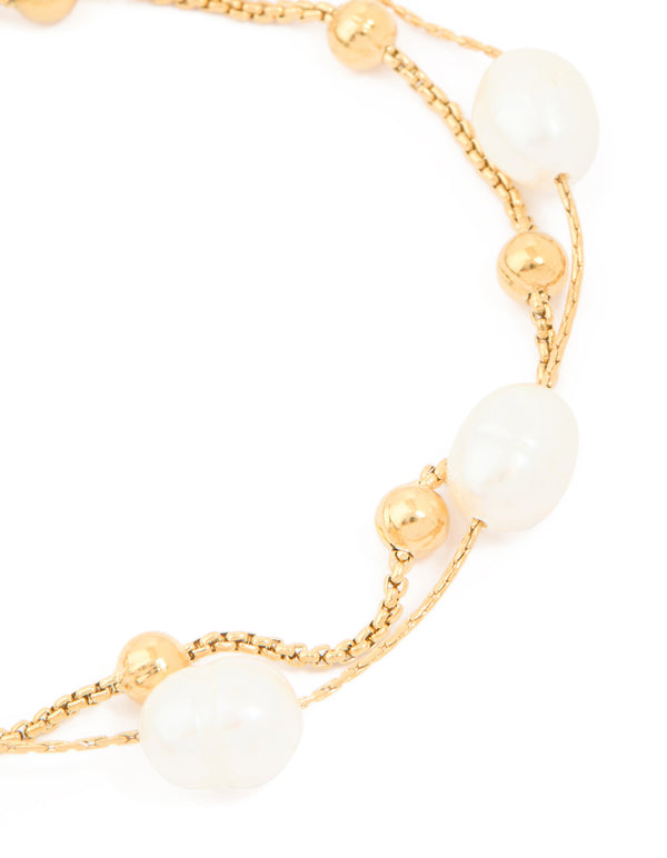 Waterproof Gold Plated Stainless Steel Pearl & Beaded Balls Layered Bracelet