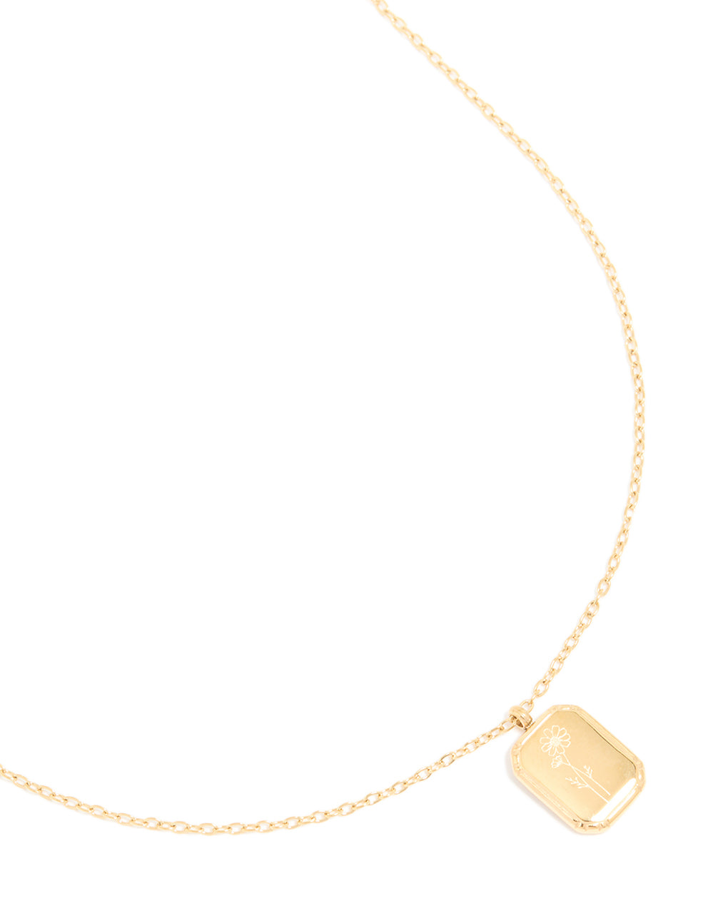 Discover a waterproof floral detail October birth flower marigold necklace crafted gold plated stainless steel with pendant close up view
