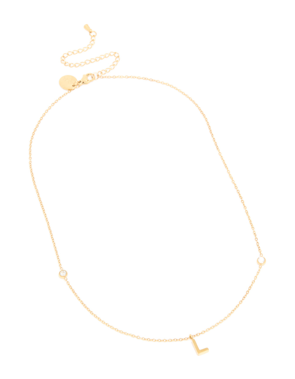 This dainty pendant necklace in waterproof gold plated stainless steel with beads featuring initial charm letter L front view