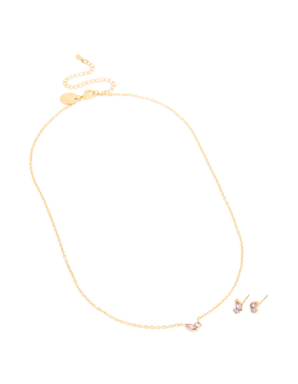 Waterproof Gold Plated Stainless Steel February Lilac Cubic Zirconia Birthstone Necklace & Earrings Set