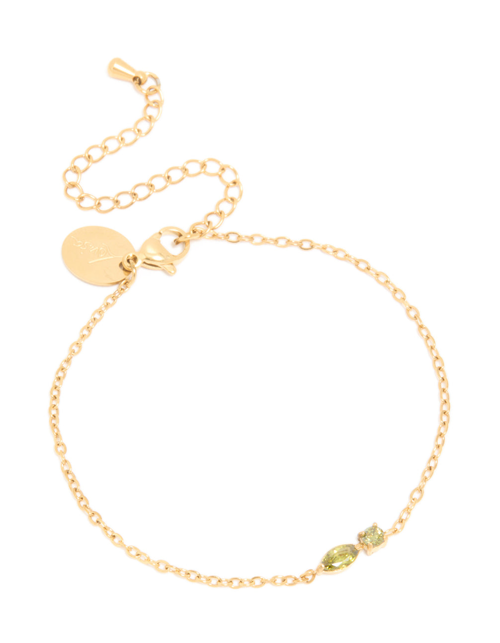 Beautifully crafted waterproof gold plated stainless steel August light green cubic zirconia birthstone bracelet front view