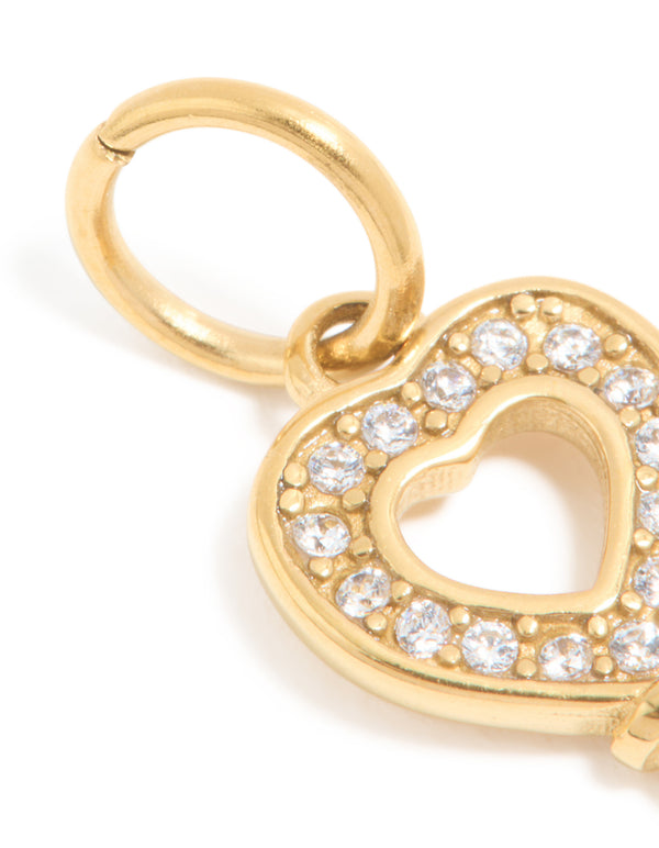 Waterproof Gold Plated Stainless Steel Cubic Zirconia Heart & Key Charm