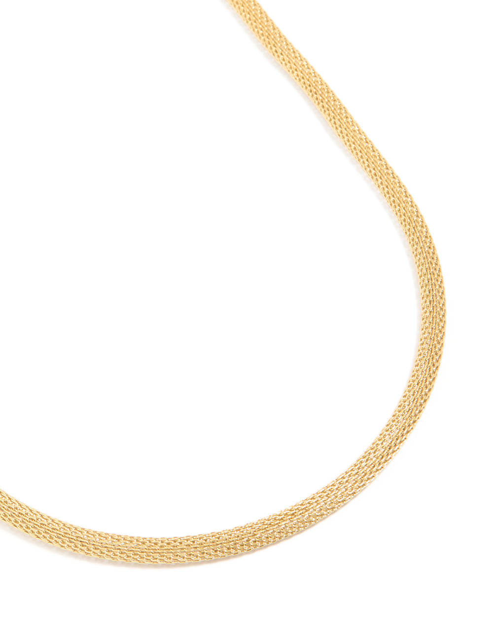 Featuring a waterproof gold plated stainless steel mesh tube necklace close up view