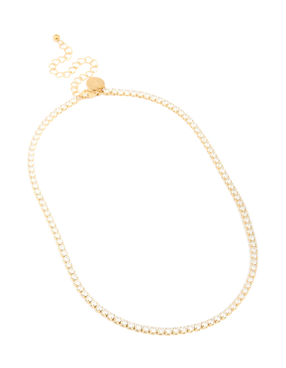 Designed with waterproof gold plated stainless steel and cubic zirconia in a tennis necklace front view