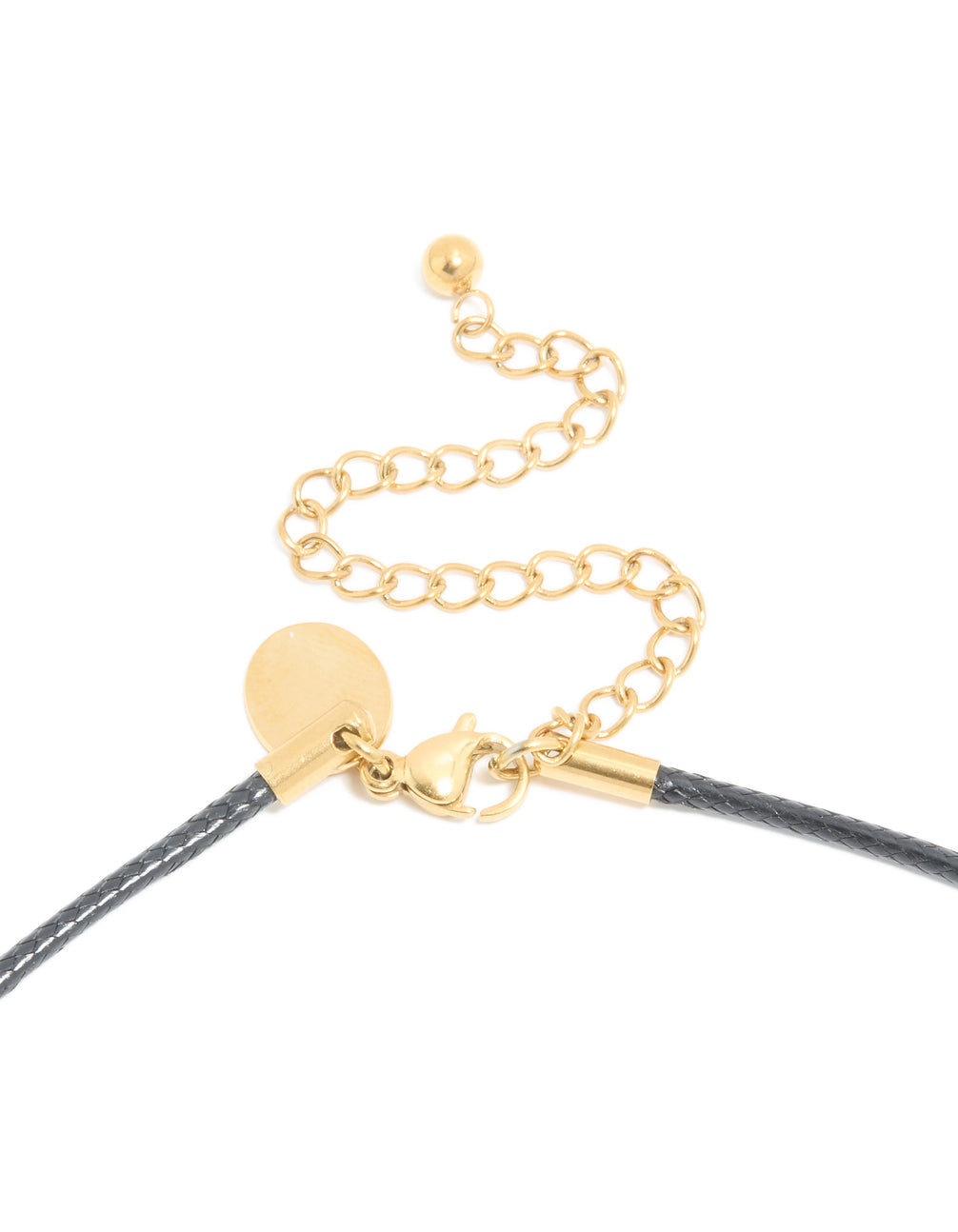 Highlighting waterproof gold plated organic open pendant necklace with black cord and stainless steel clasp detail view