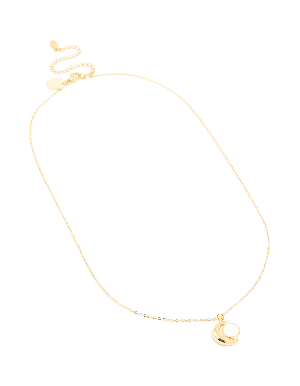 Explore a waterproof celestial necklace featuring full and crescent moon phase design crafted from stainless steel with gold plated finish front view