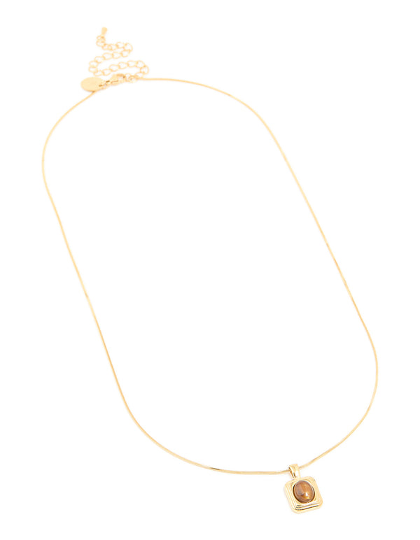 Waterproof Gold Plated Stainless Steel Tigers Eye Semi Precious Stone Disc Necklace