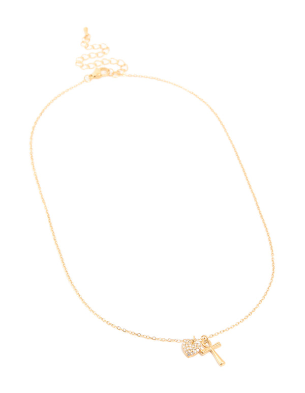 Waterproof Gold Plated Stainless Steel Cubic Zirconia Pave Cross & Heart Pendant Necklace