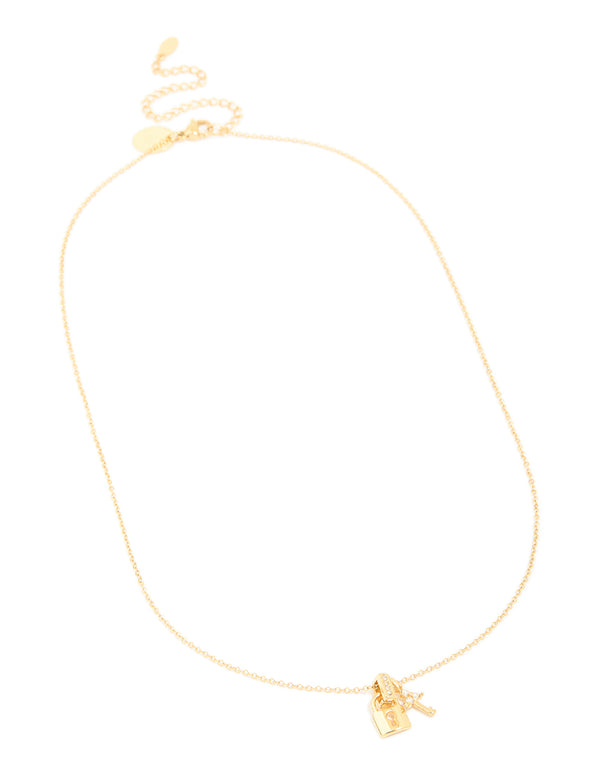 Waterproof Gold Plated Stainless Steel Cubic Zirconia Lock & Key Necklace