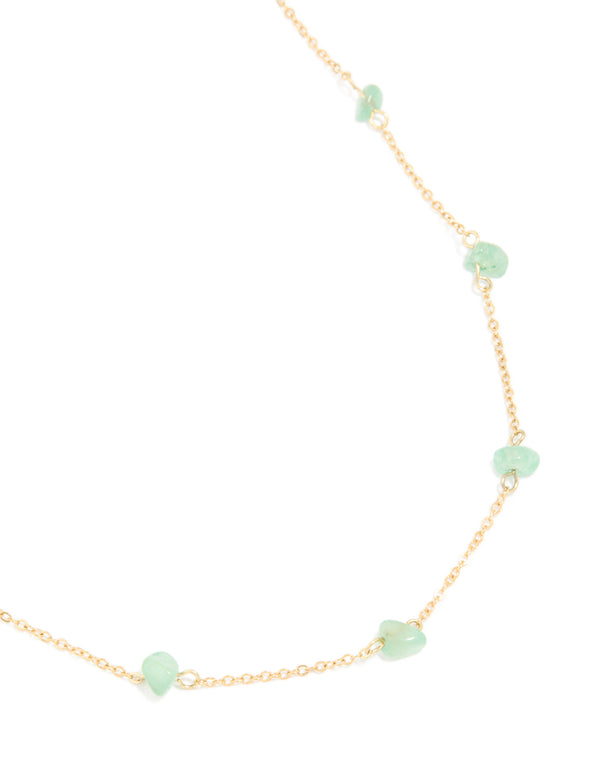 Waterproof Gold Plated Stainless Steel Green Semi Precious Stone Chip Necklace