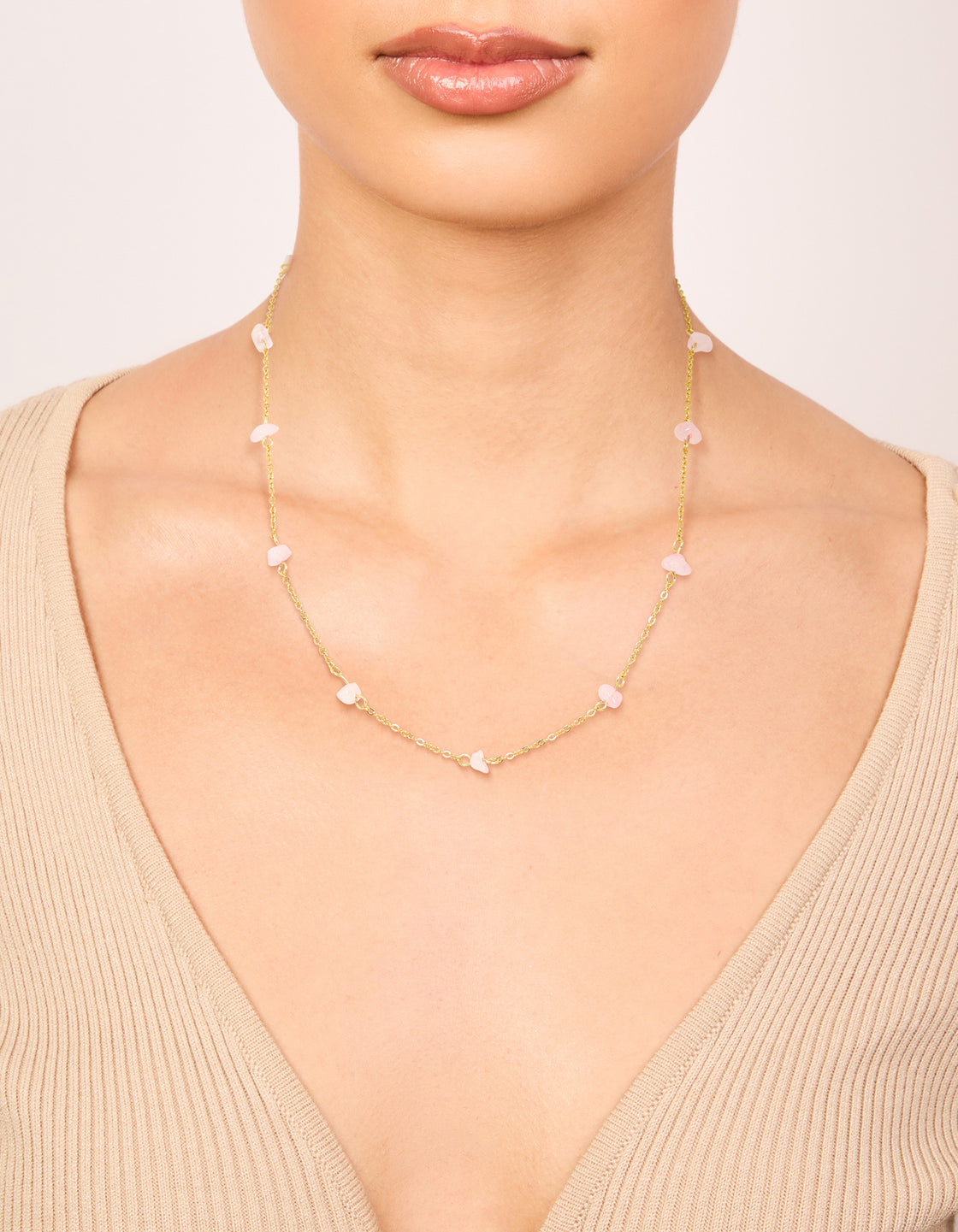 Waterproof Gold Plated Stainless Steel Rose Quartz Semi Precious Stone Chip Necklace