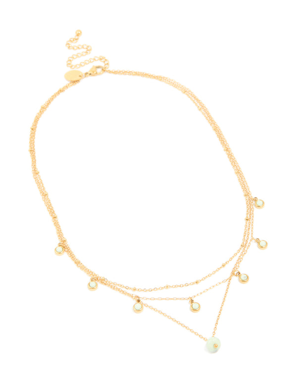 Waterproof Gold Plated Stainless Steel Green Jade Semi Precious Stone Pendant & Chain Layered Necklace