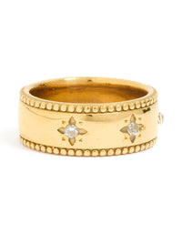 Showcasing a waterproof gold plated stainless steel ring with cubic zirconia celestial star thick band front view - link has visual effect only