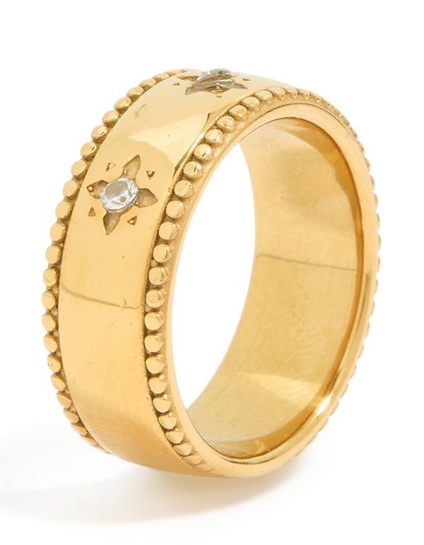 Designed with waterproof gold plated stainless steel cubic zirconia celestial star thick band ring side detail view