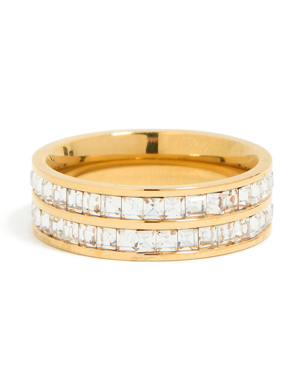 Beautifully crafted waterproof gold plated stainless steel square cubic zirconia double layered ring featuring crystal in clear accent front view