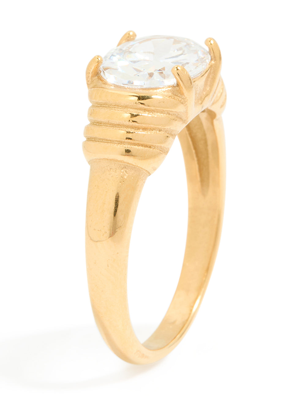 Stunning waterproof gold plated stainless steel ring featuring oval cubic zirconia crystal with ribbed design side detail view