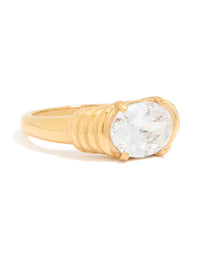 Waterproof Gold Plated Stainless Steel Oval Cubic Zirconia Ribbed Ring - link has visual effect only