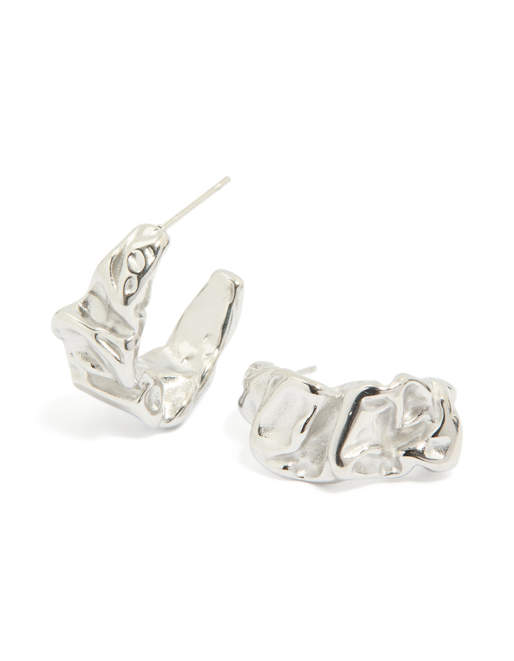 Introducing waterproof stainless steel crater hoop earrings with textured silver finish post detail view
