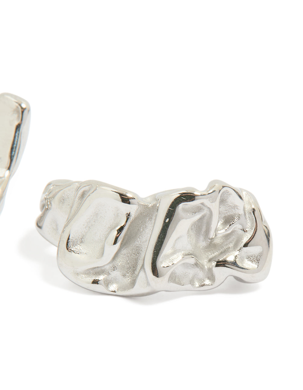 Introducing waterproof stainless steel crater hoop earrings with textured silver finish post detail view