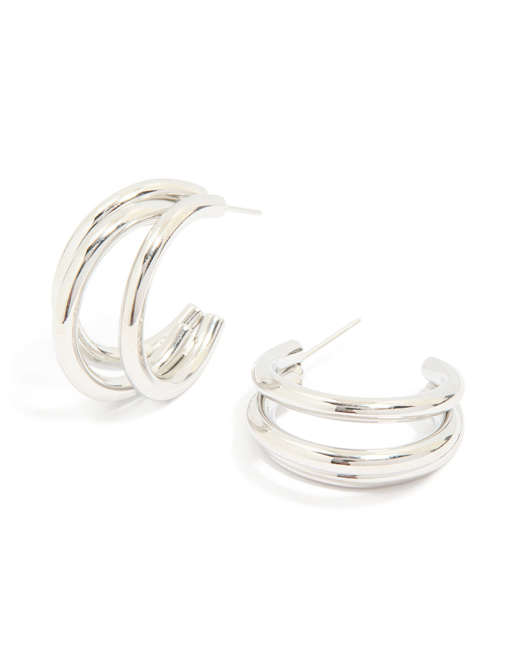 Showcasing waterproof stainless steel triple prong hoop earrings crafted from silver materials front view