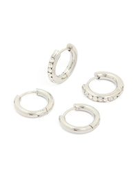 Waterproof Stainless Steel Cubic Zirconia & Smooth Chunky Huggie Earrings 2-Pack - link has visual effect only
