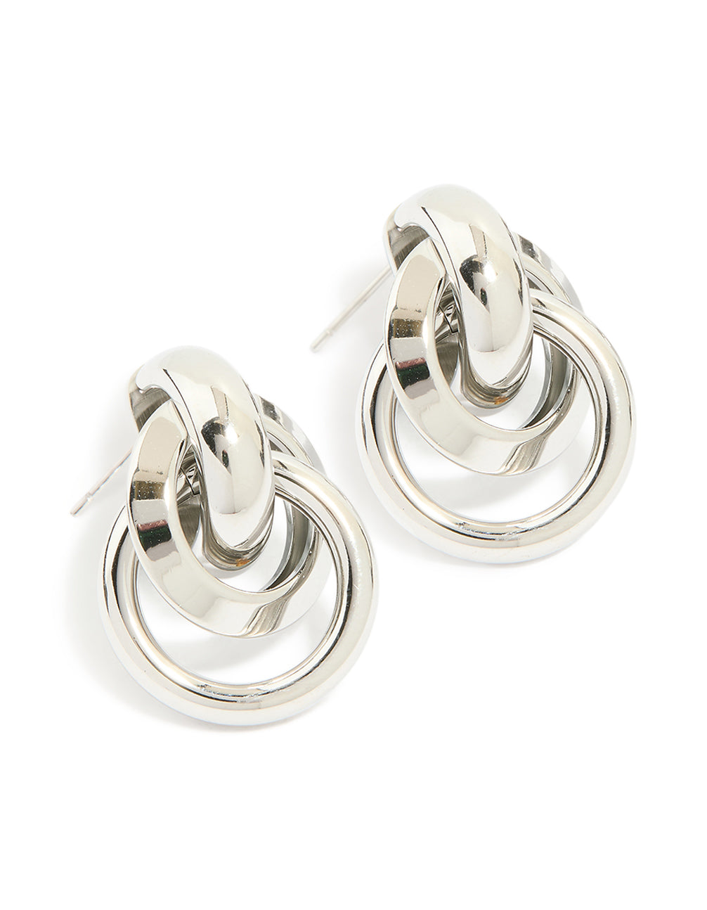 Featuring waterproof stainless steel knotted link drop earrings in silver front view
