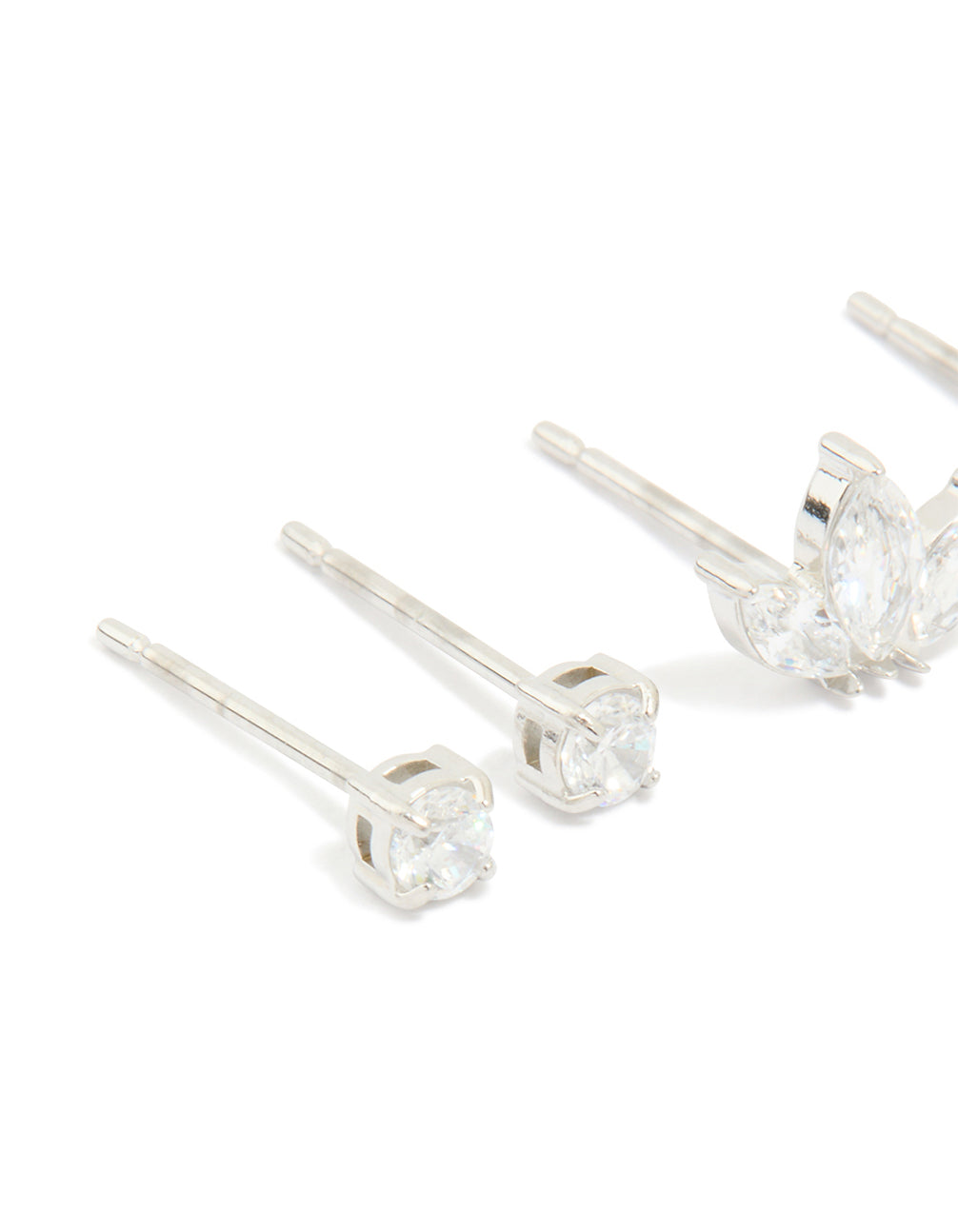 Designed with waterproof stainless steel cubic zirconia fine marquise and classic stud earrings in a 3-pack featuring silver tones close up view