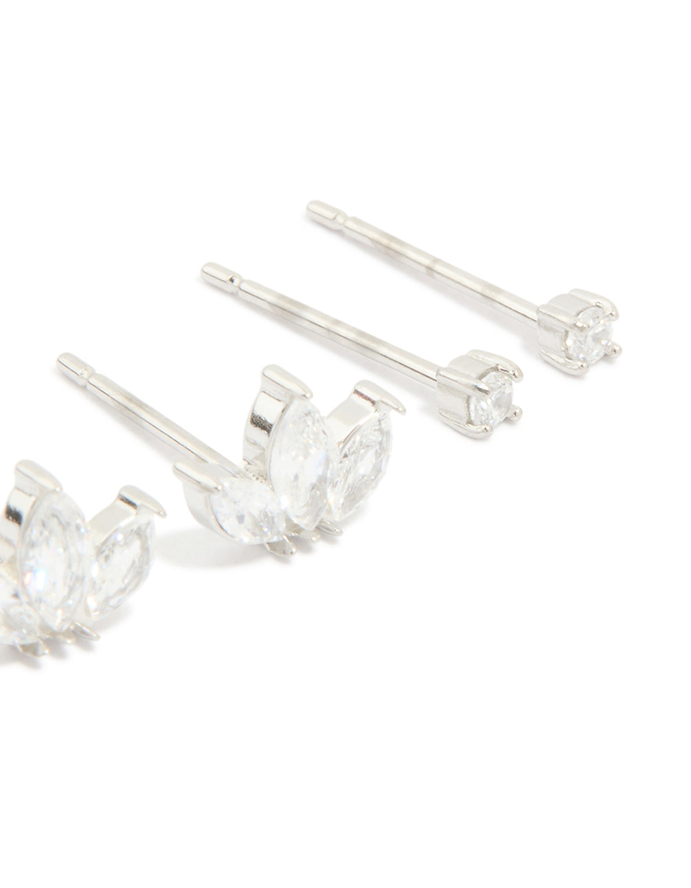 Showcasing waterproof stainless steel cubic zirconia fine marquise and classic stud earrings in a 3-pack with silver tones post detail view