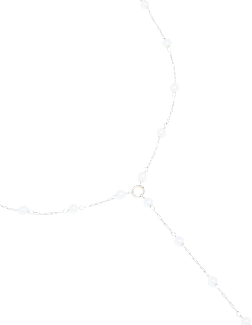 Beautifully crafted waterproof stainless steel pearl Y-necklace in silver and white close up view