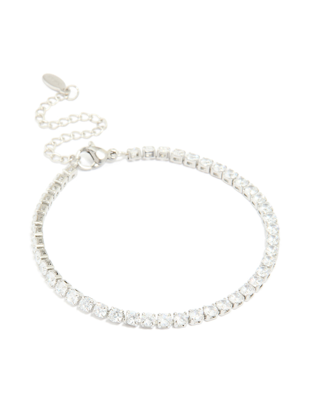 Showcasing a waterproof stainless steel tennis bracelet with cubic zirconia in silver front view